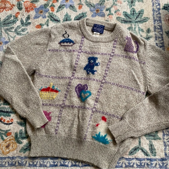 Vintage Woolrich Women Cats Pie bear Teddy pig heart graphic wool sweater Medium - Picture 1 of 6
